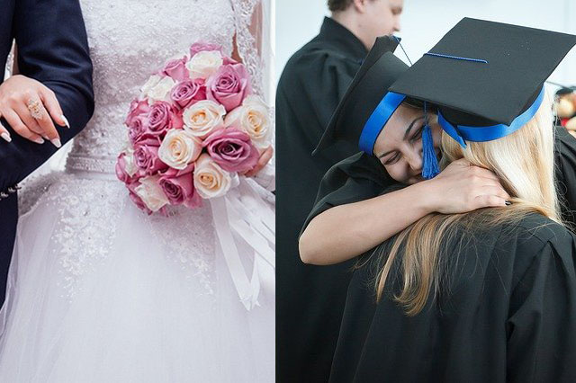 Photo collage, left: newly married couple walking hand in hand. Right: new graduates hug.